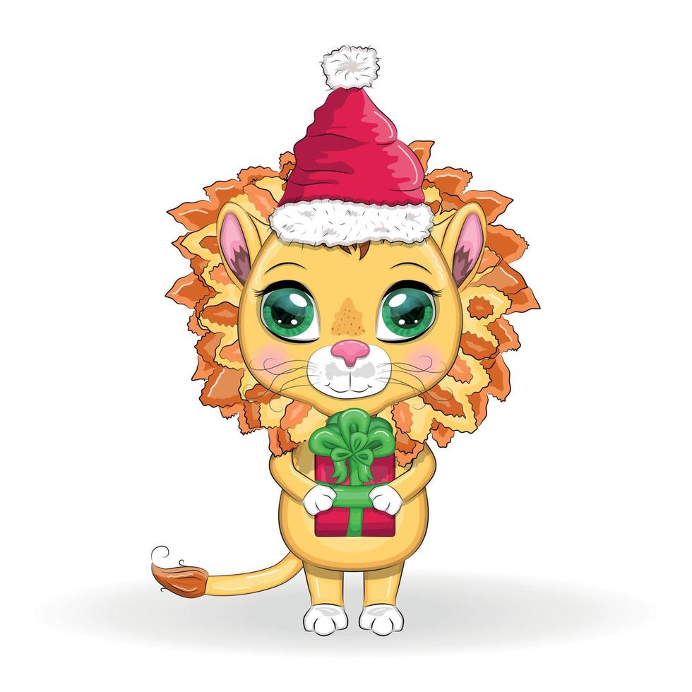 vrolijk Kerstmis en gelukkig nieuw jaar. grappig leeuw in rood hoed met geschenk in tekenfilm stijl. groet kaart. vector