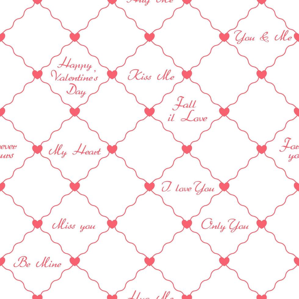 naadloos patroon met diagonaal rooster, dun golvend lijnen, klein harten, kort liefde zinnen. vector patroon voor decoratie van bruiloft, verloving evenement, valentijnsdag dag