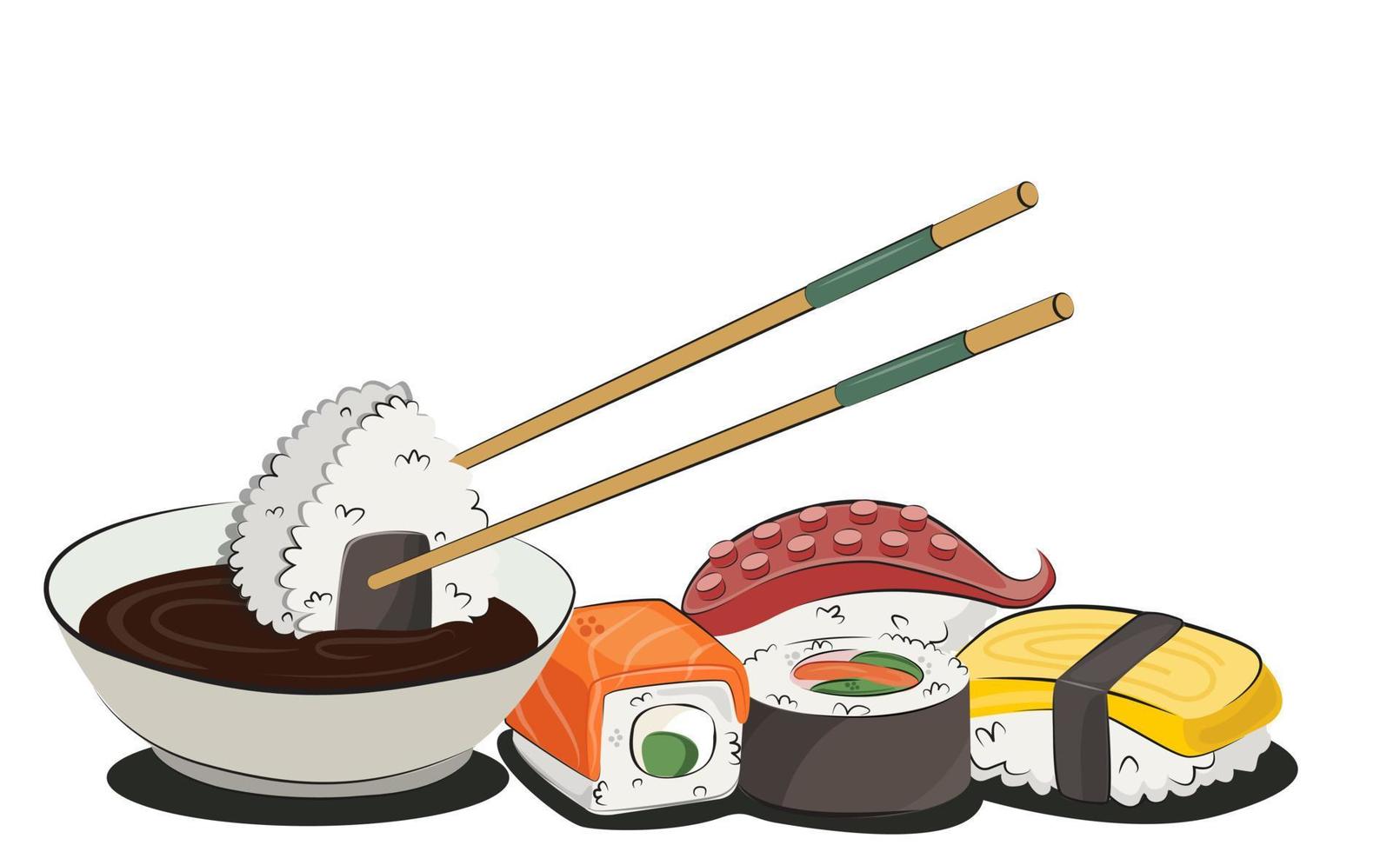 Japans keuken Aziatisch voedsel. voor restaurant menu's en affiches. levering sites vector vlak illustratie geïsoleerd Aan wit achtergrond. sushi broodjes onigiri soja saus set. voorraad afbeelding