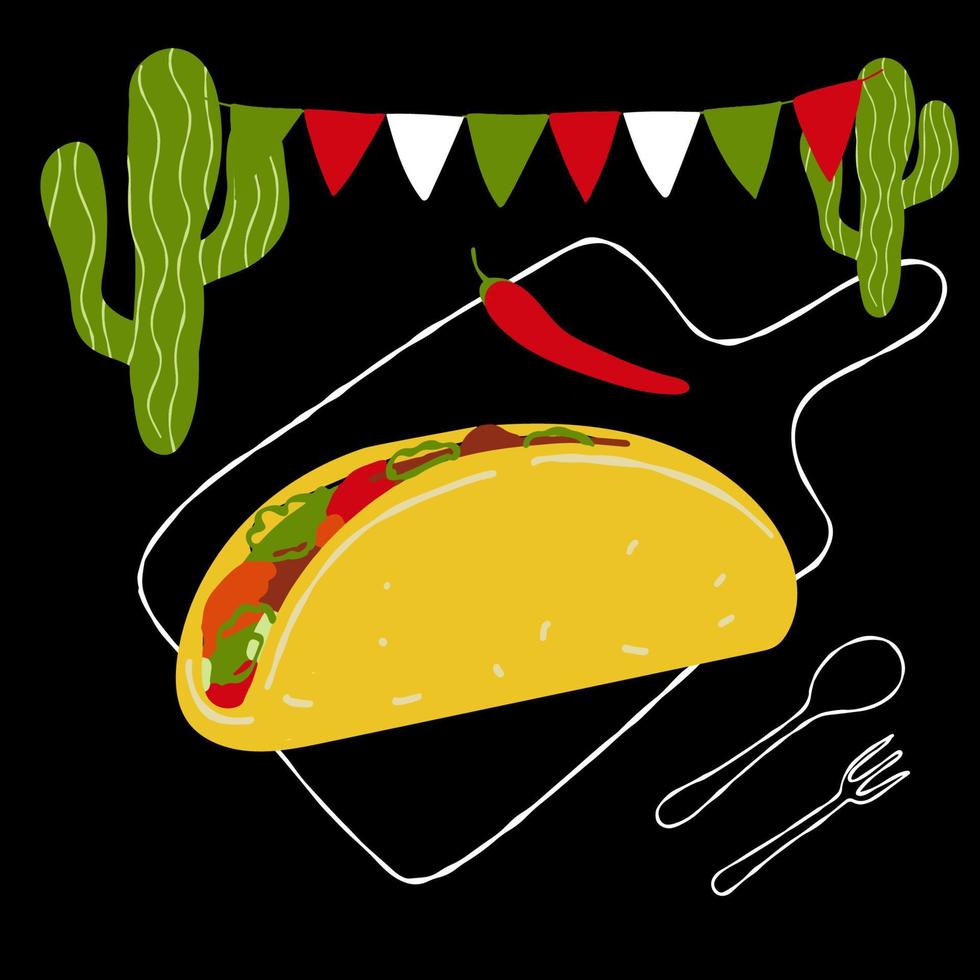 Mexicaans voedsel illustratie taco's Aan zwart achtergrond met cactus vector