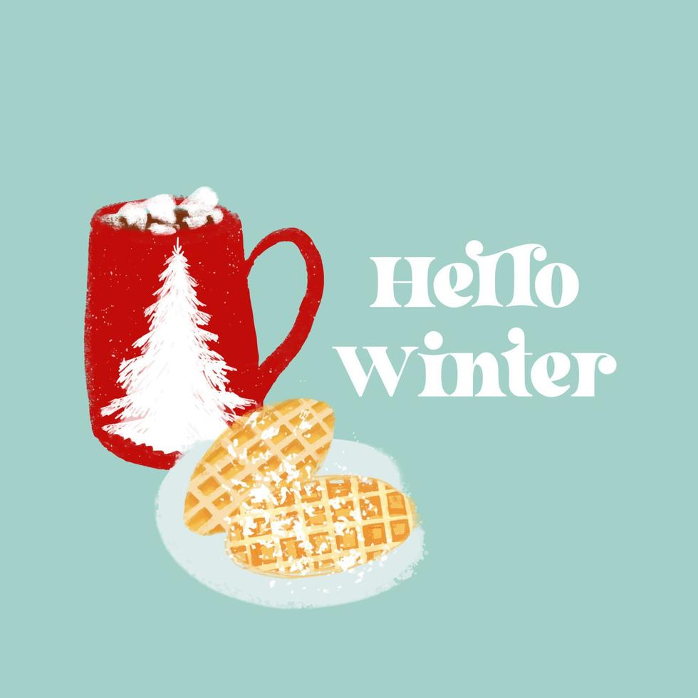 Hallo winter tekst met traditioneel heet cacao met marshmallows en wafel illustratie vector