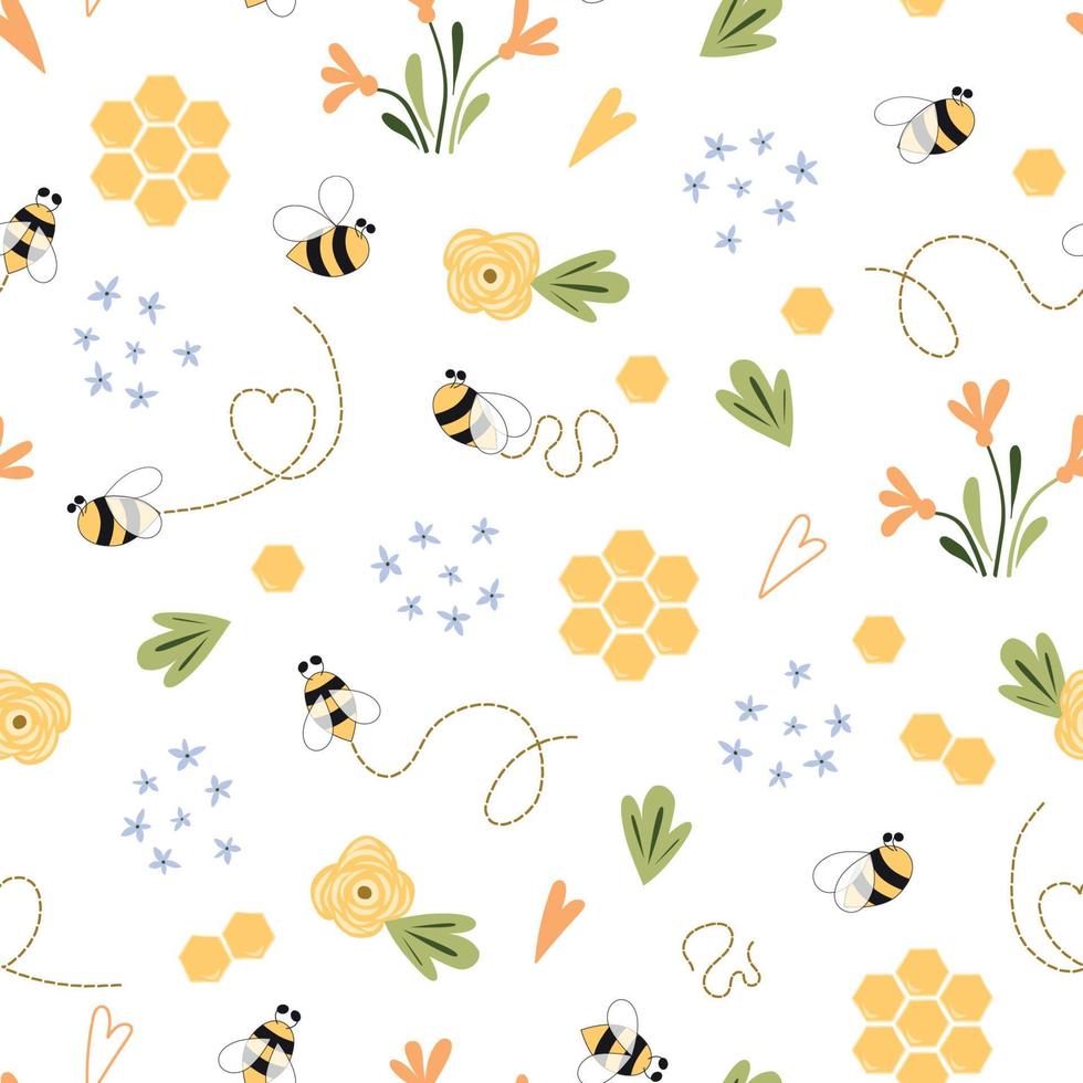 bij honing patroon bij naadloos patroon schattig hand- getrokken zomer weide bloemen, bij honingraat achtergrond hand- getrokken honing Sjablonen. kinderen kleding stof ontwerp. zomer illustratie. geel wit kleuren. vector