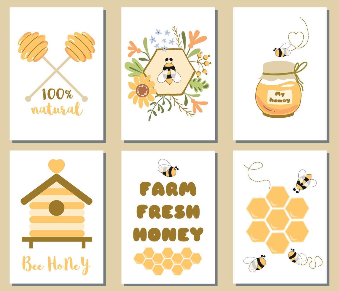 bij honing reeks schattig kaart Sjablonen honing kan, bloemen bij honingraat, tekst, bijenkorf, honing lepel spandoek. biologisch verzameling. hand- getrokken geel illustraties. uitdrukking boerderij vers honing set. vector