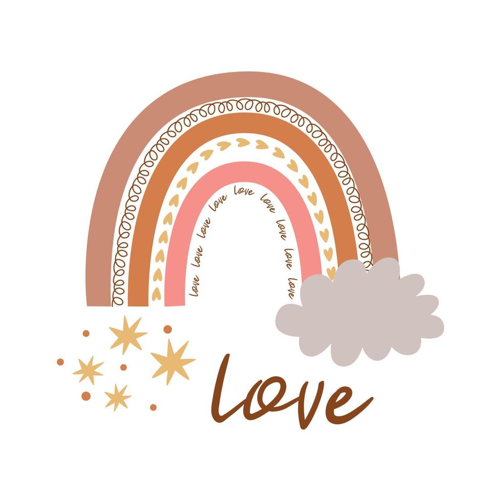 boho regenboog. schattig kinderen pastel regenboog. boho muur kunst element. tekening regenboog. tekst liefde. boho tribal decoratief afdrukken, poster, baby douche uitnodiging. vector illustratie. modern kinderkamer muur kunst.