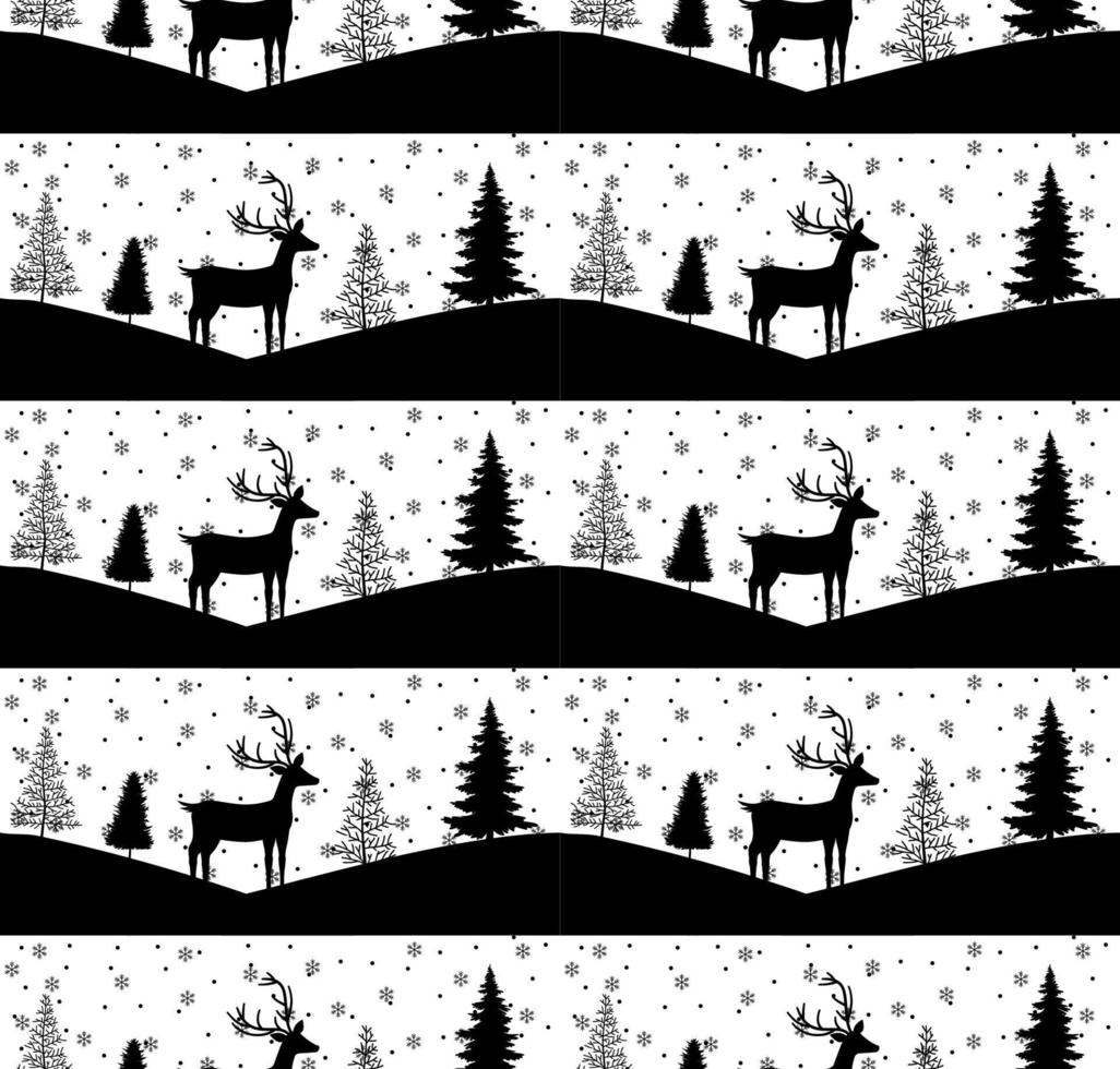 naadloos vrolijk Kerstmis patroon met herten, winter abstractie. Woud achtergrond. eindeloos horizontaal banier met rendieren in sneeuw. hand- getrokken papier decoratief elementen, vector illustratie.