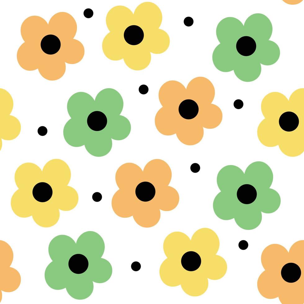 gek bloemen naadloos patroon in gelukkig kleuren. schattig geel, groen en oranje bloemen voor afdrukken. vector