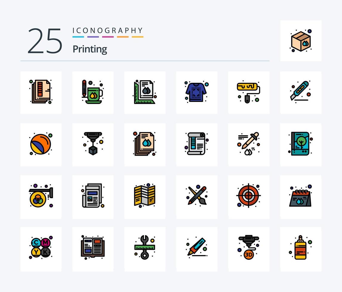 het drukken 25 lijn gevulde icoon pak inclusief shirt. afdrukken. mok. document. grootte vector