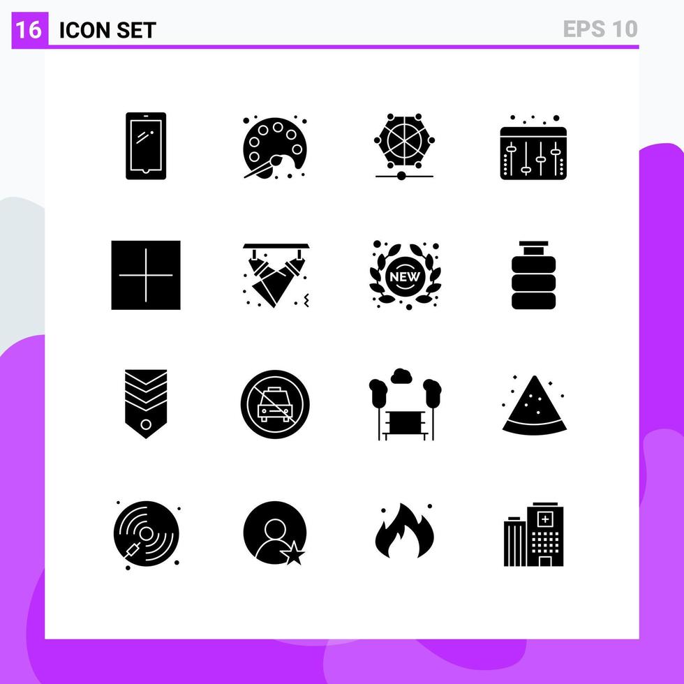 16 solide glyph concept voor websites mobiel en apps nieuw equalizer aan het leren audio gegevens bewerkbare vector ontwerp elementen