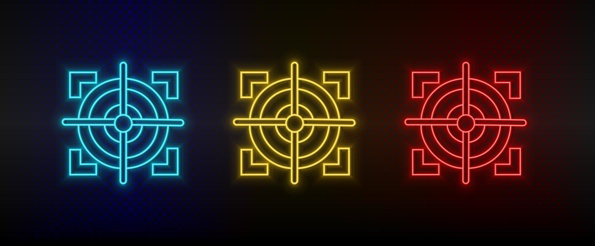 neon pictogrammen. doelwit scherpschutter doelstelling. reeks van rood, blauw, geel neon vector icoon Aan verduisteren achtergrond