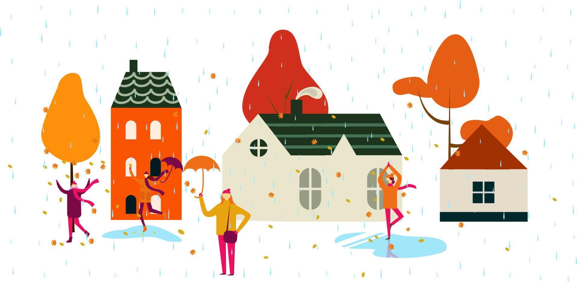 vector illustratie van mensen in de regen. herfst humeur. modieus retro stijl