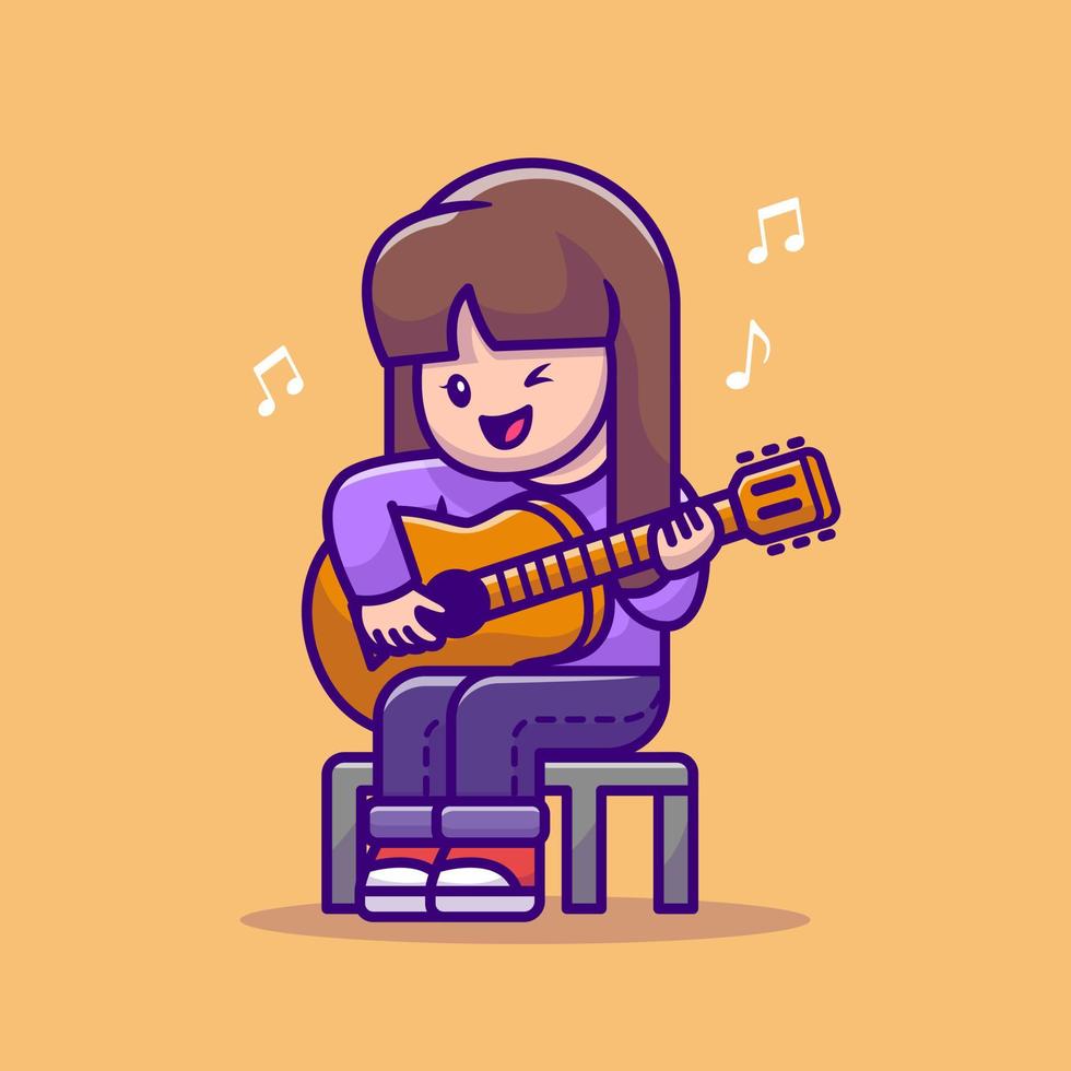 schattig meisje spelen gitaar tekenfilm vector icoon illustratie. mensen muziek- icoon concept geïsoleerd premie vector. vlak tekenfilm stijl