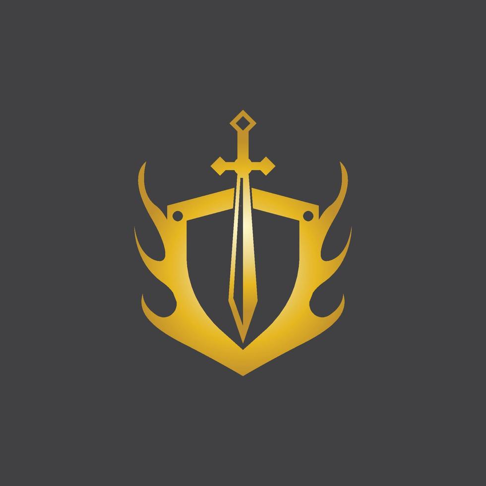 goud zwaard oorlog verdedigen logo vector illustratie met zwart achtergrond