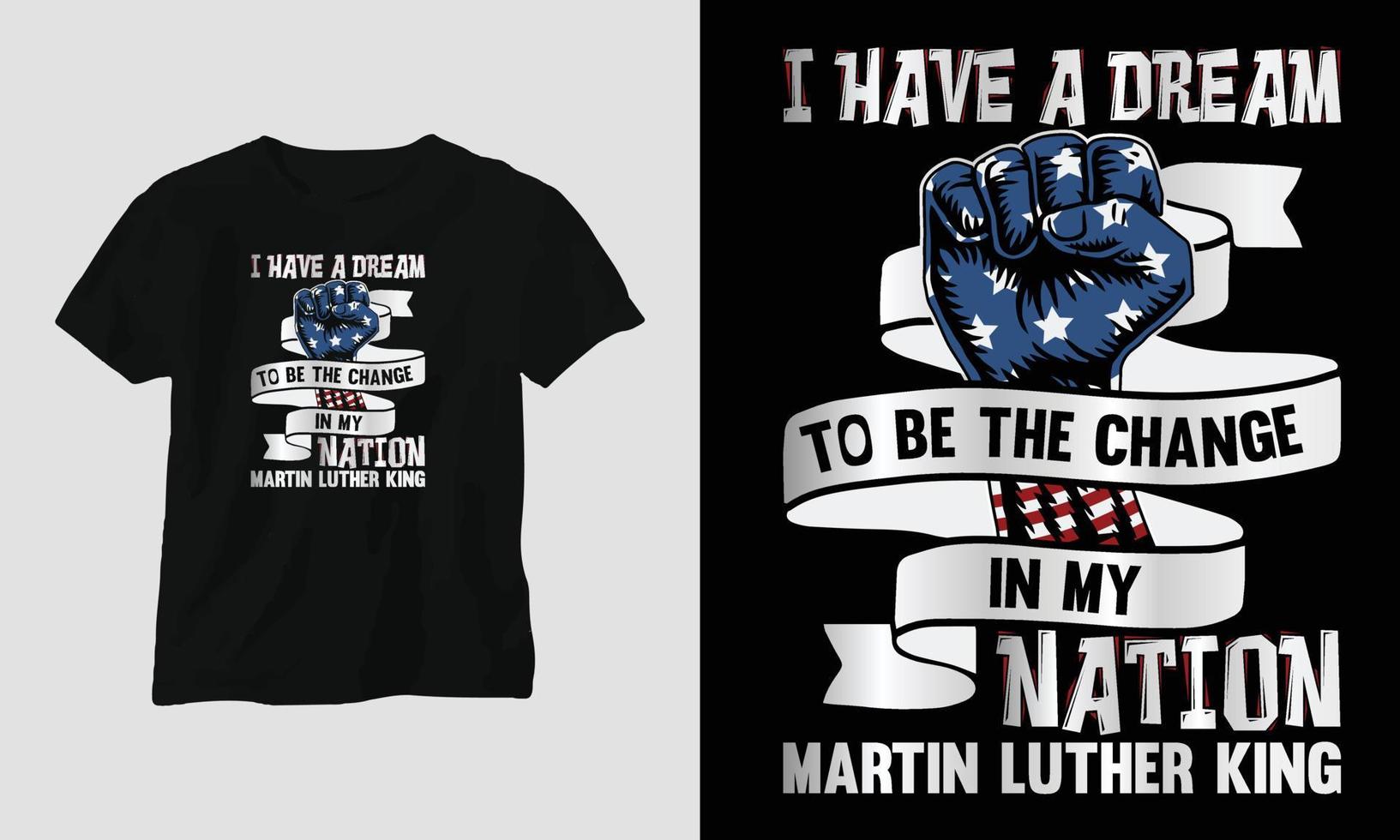 Martin Luther koning jr. dag t-shirt ontwerp in Verenigde Staten van Amerika thema met lint, vuist, vlag vector