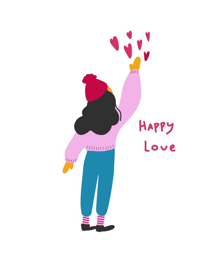 illustratie van een meisje met donker haar- staat met haar rug. vangsten harten. Valentijnsdag dag ansichtkaart. vector