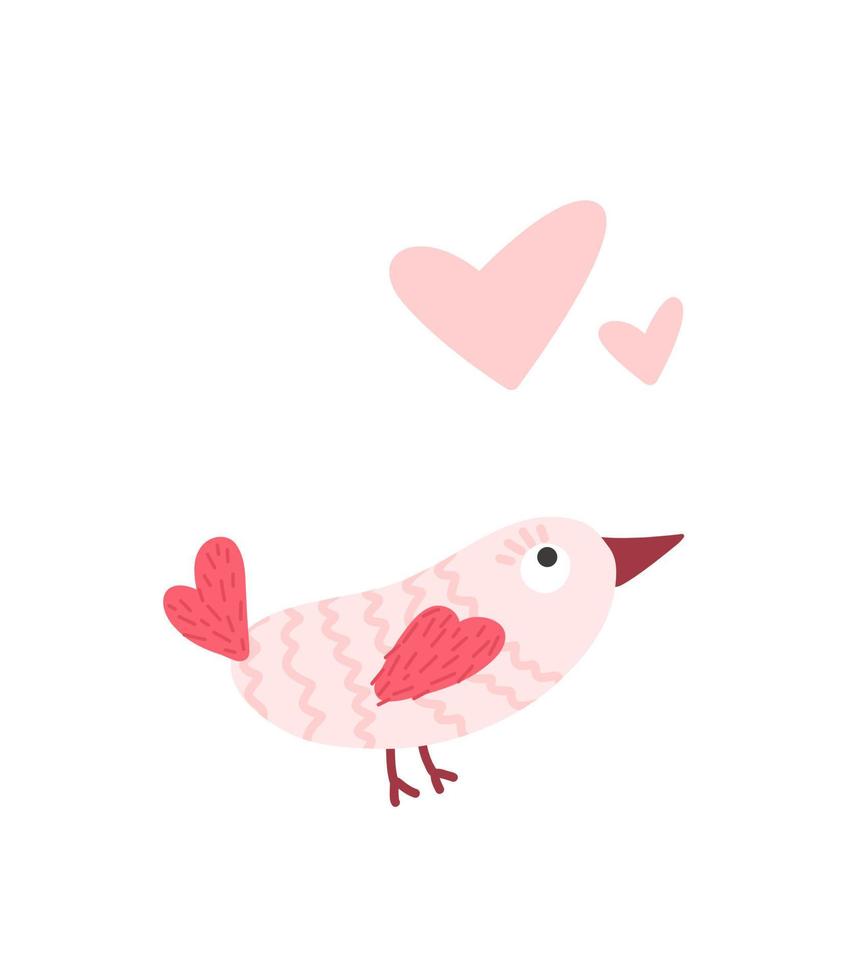 illustratie van een roze vogel. groet kaart met roze harten Valentijnsdag dag. gestileerde tekening van een vogel voor stokken, verpakking, poster, brochures vector