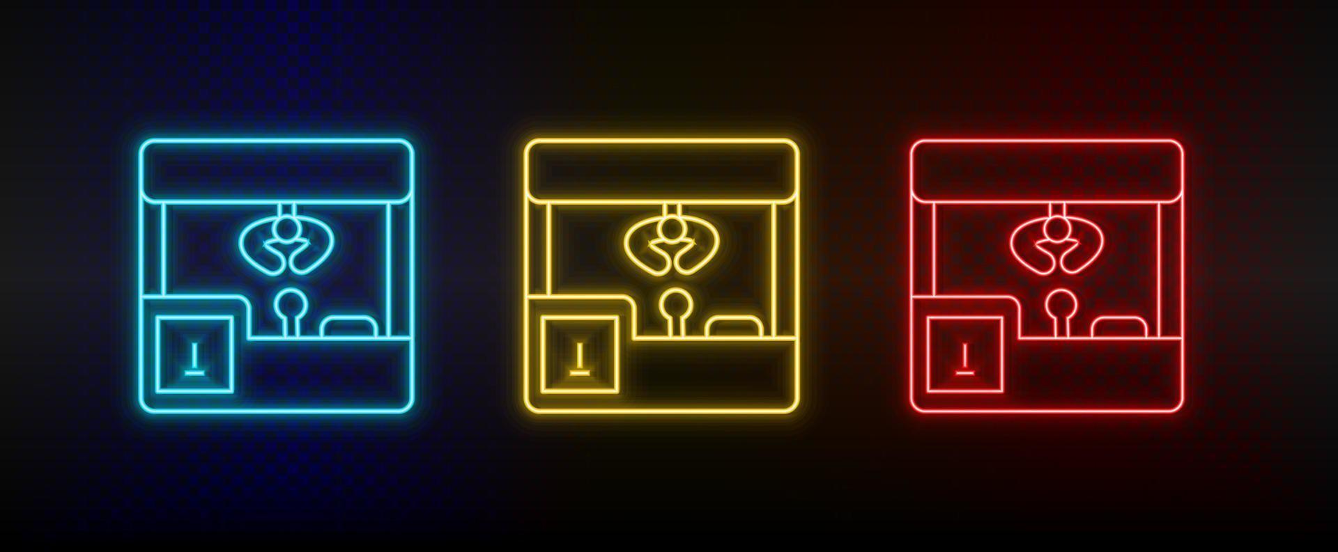 neon pictogrammen. klauw machine spel retro. reeks van rood, blauw, geel neon vector icoon Aan verduisteren achtergrond