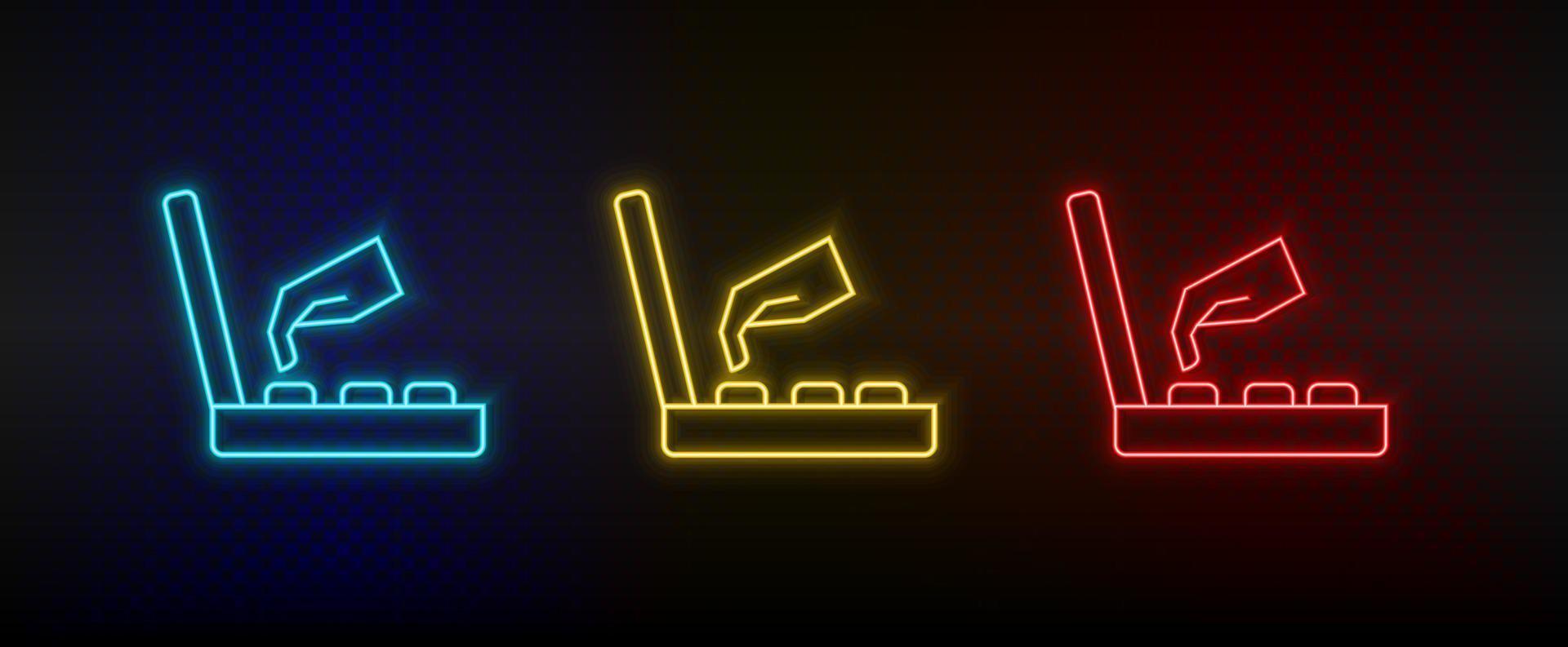 neon pictogrammen. spel retro troosten speelhal hand. reeks van rood, blauw, geel neon vector icoon Aan verduisteren achtergrond