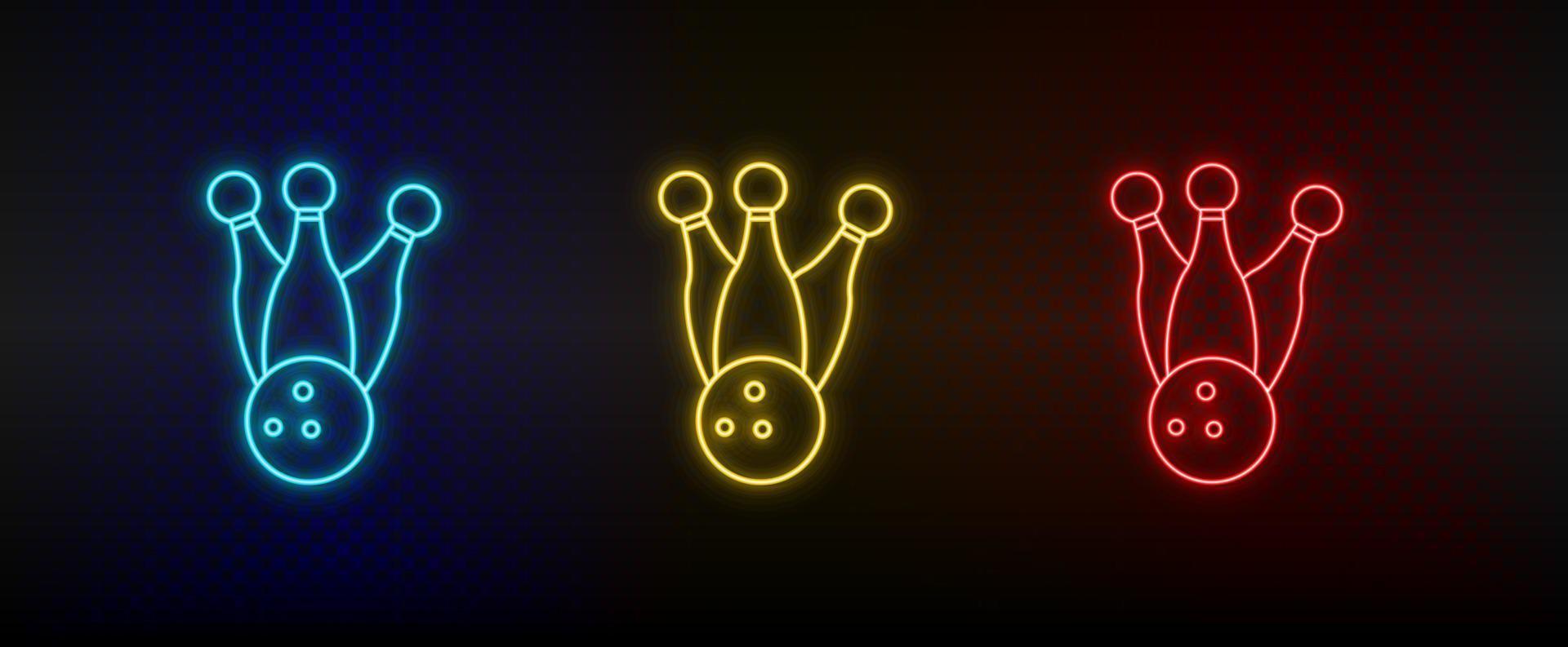 neon pictogrammen. bowling pinnen bal retro. reeks van rood, blauw, geel neon vector icoon Aan verduisteren achtergrond