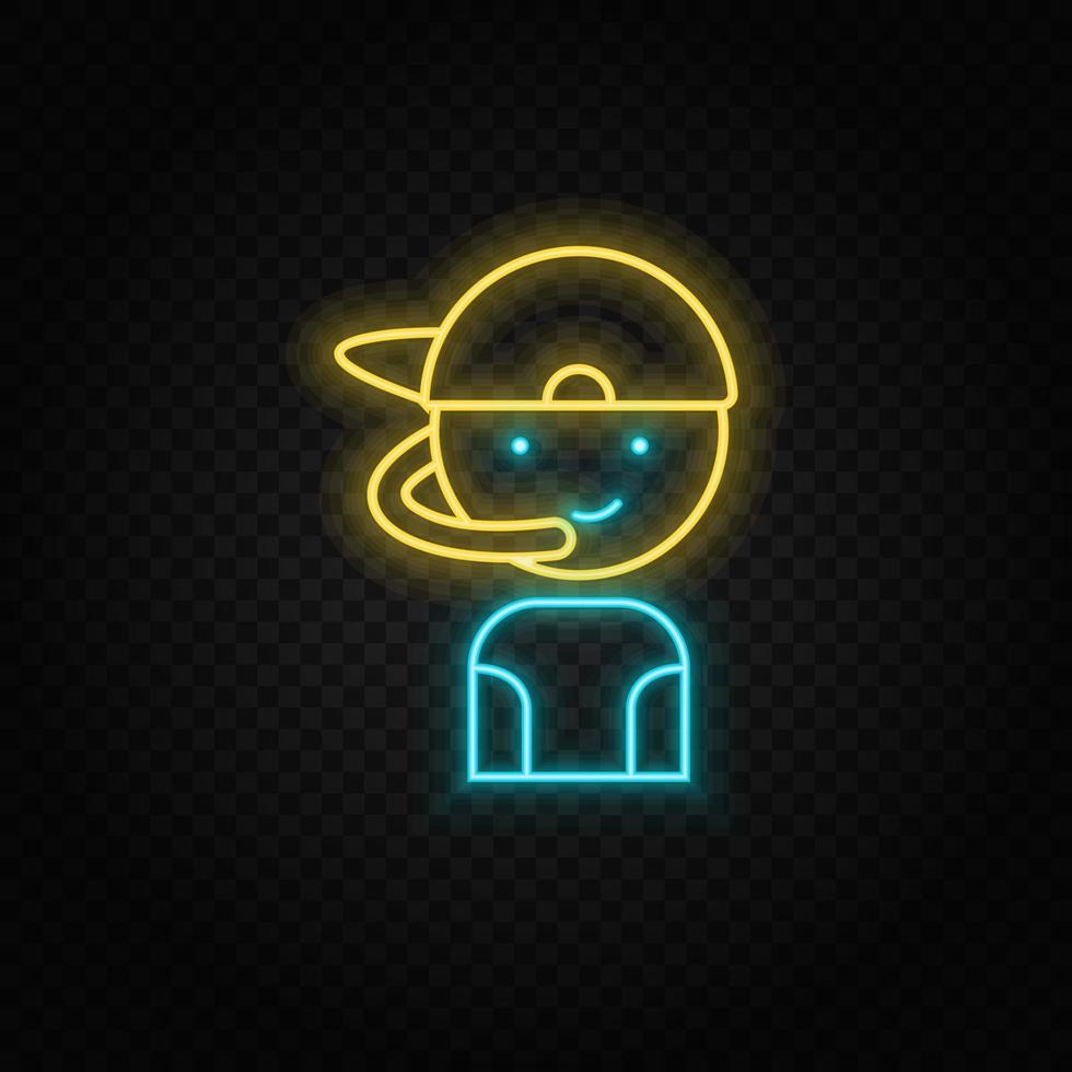 gamer, jongen, retro, speelhal neon icoon. blauw en geel neon vector icoon. vector transparant achtergrond