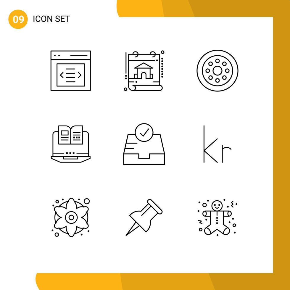 9 creatief pictogrammen modern tekens en symbolen van postvak IN hardware accessoires boek laptop bewerkbare vector ontwerp elementen