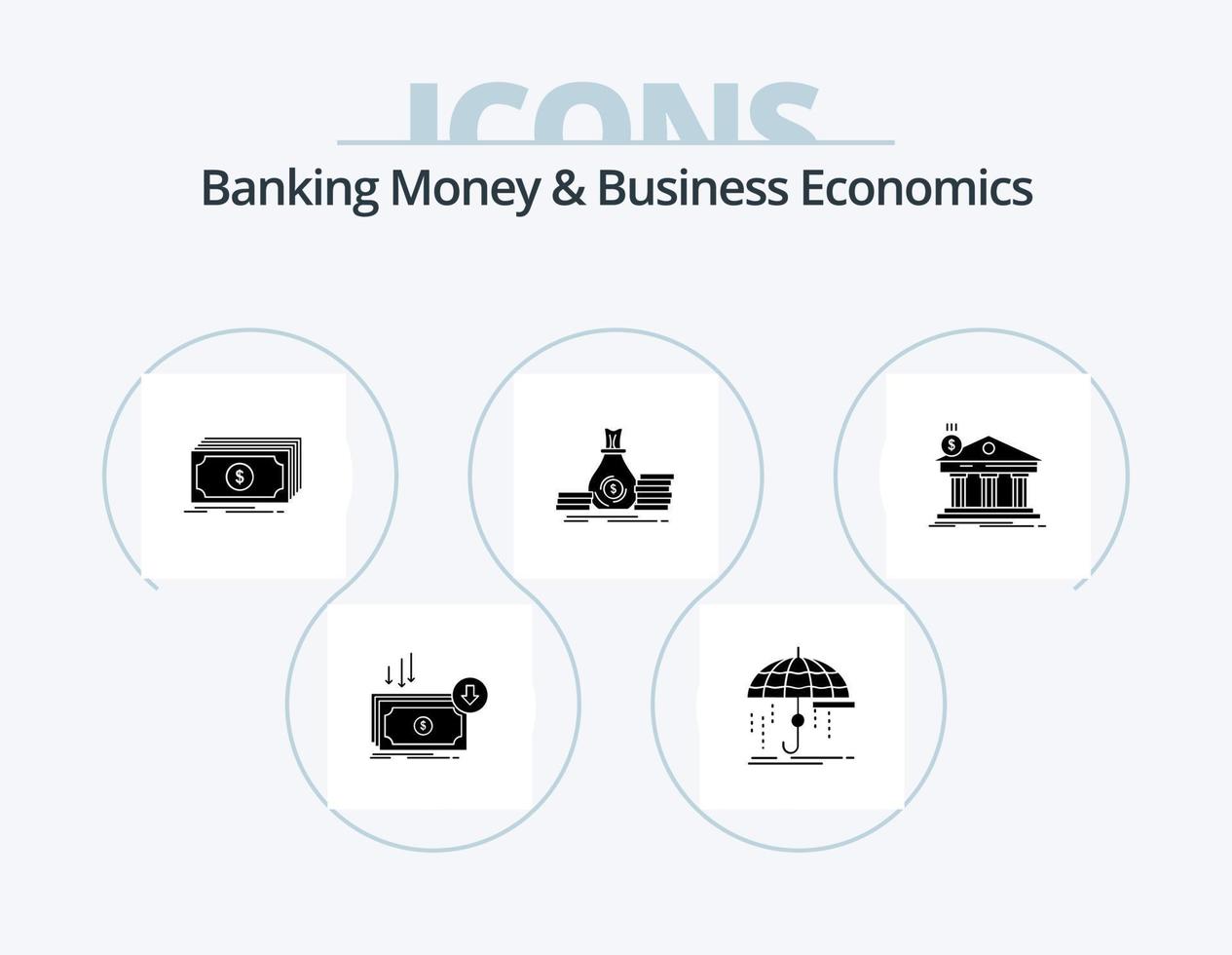 bank geld en bedrijf economie glyph icoon pak 5 icoon ontwerp. tas. geld. verzekering. fondsen. dollar vector