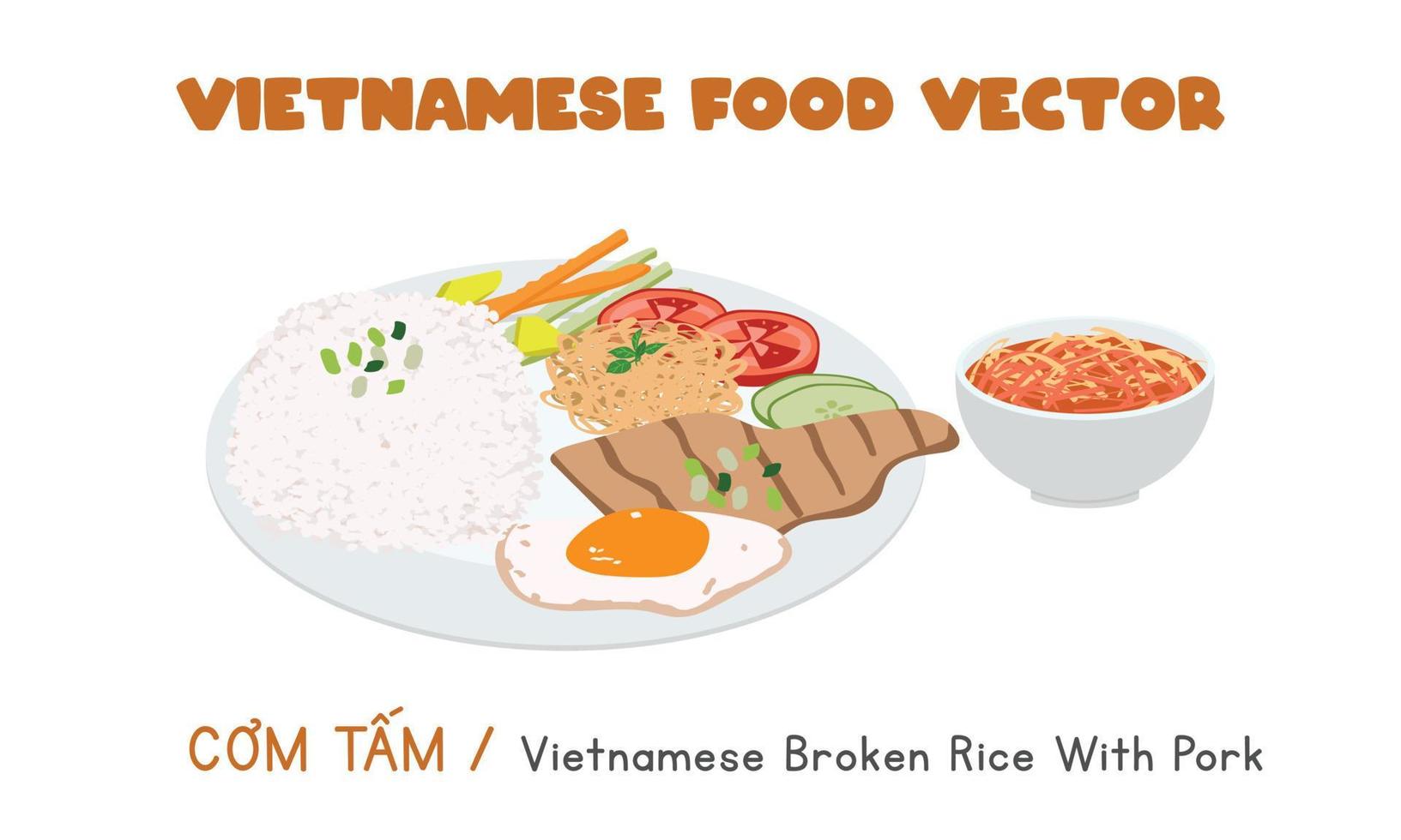 Vietnamees gebroken rijst- met gegrild varkensvlees, ei, en vers groenten vlak vector ontwerp. com tam clip art tekenfilm stijl. Aziatisch voedsel. Vietnamees keuken