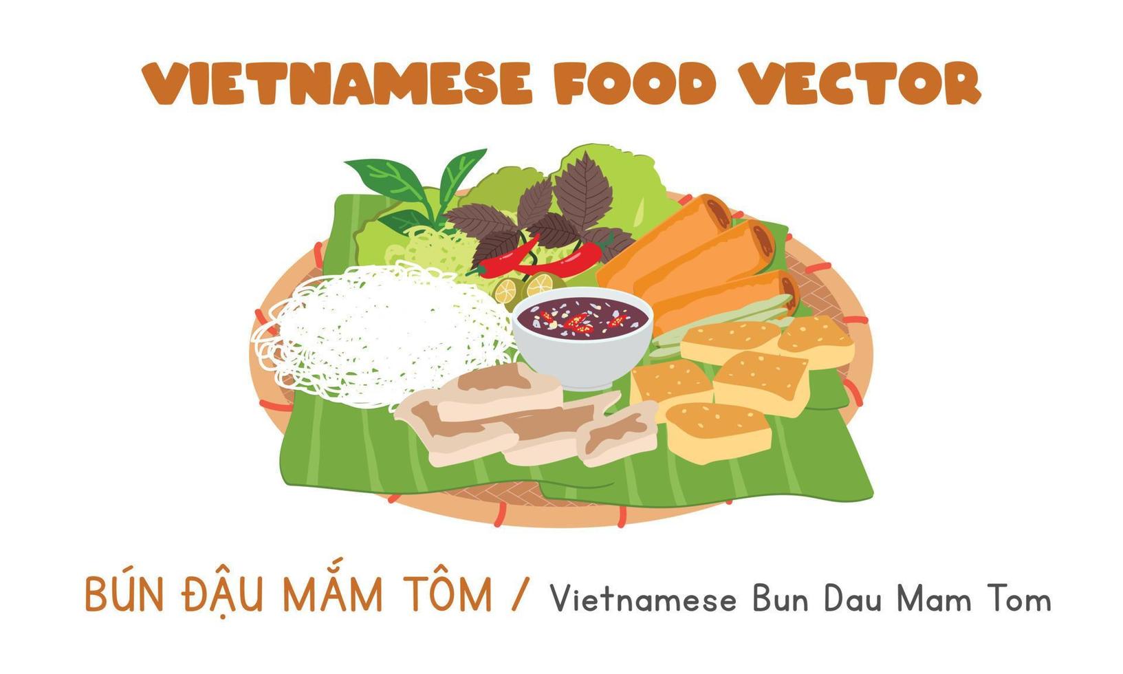 Vietnamees bun dau mam Tom vlak vector ontwerp. rijst- noedels met gebakken tofu, gekookt varkensvlees, garnaal Plakken saus en groenten clip art tekenfilm stijl. Aziatisch voedsel. Vietnamees keuken. Vietnam exotisch voedsel