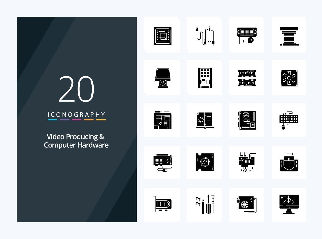20 video produceren en computer hardware solide glyph icoon voor presentatie vector