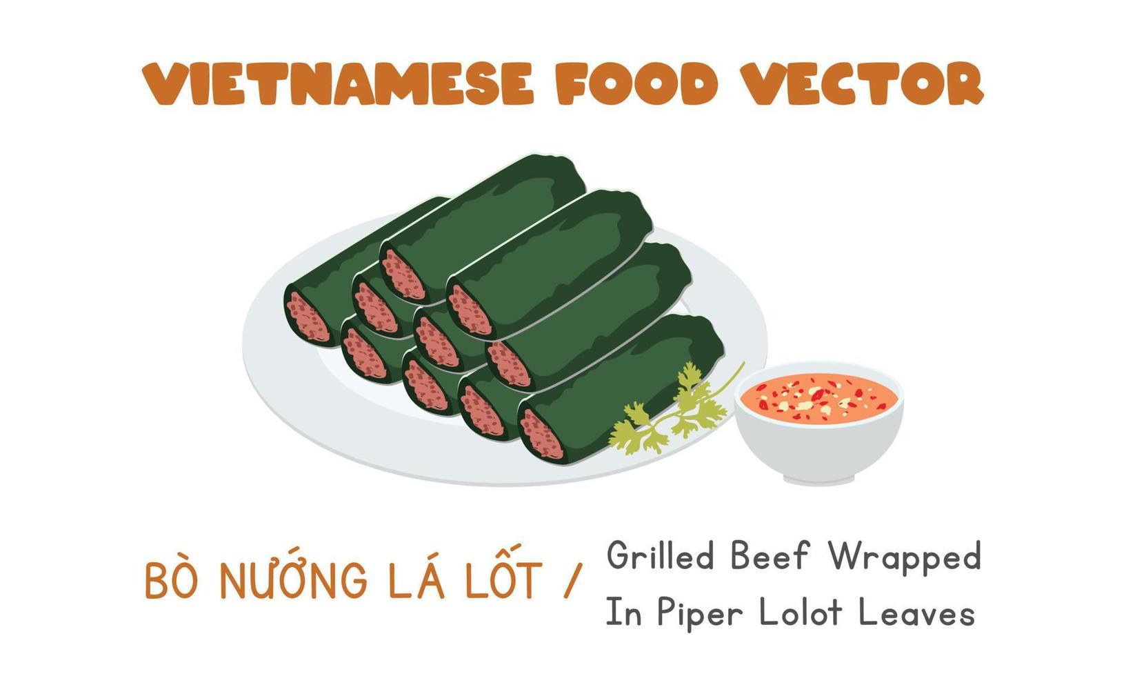 Vietnamees gegrild fijngehakt rundvlees verpakt in pijper lolot bladeren vlak vector ontwerp. bo nuong la veel clip art tekenfilm stijl. Aziatisch voedsel. Vietnamees keuken. Vietnam voedsel