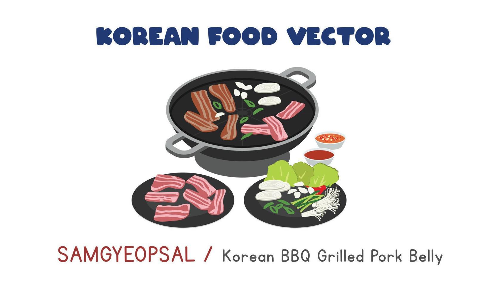 Koreaans samgyeopsal - Koreaans bbq gegrild varkensvlees buik vlak vector ontwerp illustratie, clip art tekenfilm stijl. Aziatisch voedsel. Koreaans keuken. Koreaans voedsel