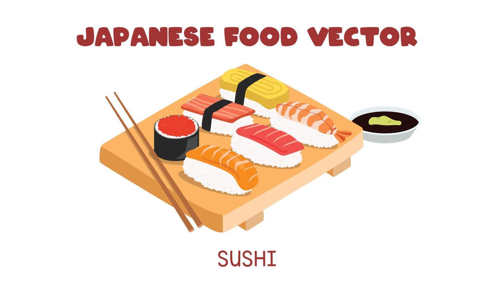 reeks van Japans sushi met Zalm, tonijn, gekookt garnaal, ei, Zalm ree, krab stok en eetstokjes vlak vector ontwerp illustratie, clip art tekenfilm stijl. Aziatisch voedsel. Japans keuken. Japans voedsel