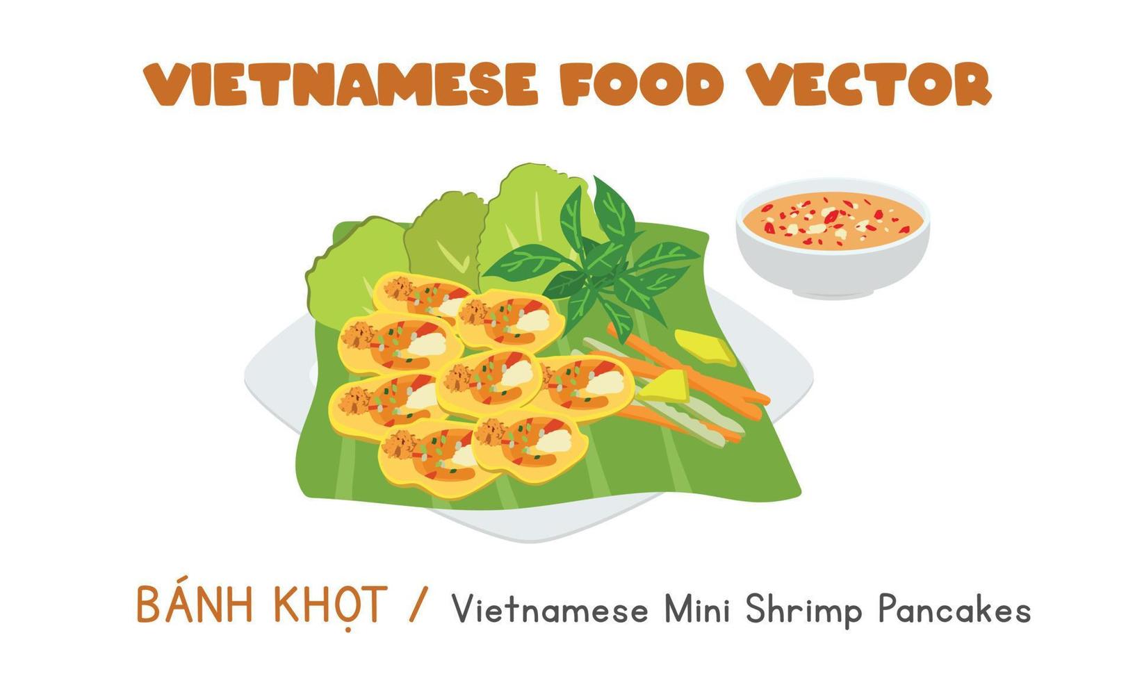 Vietnamees banh khot - mini garnaal pannekoeken vlak vector ontwerp, clip art tekenfilm stijl. Aziatisch voedsel. Vietnamees keuken. Vietnam voedsel