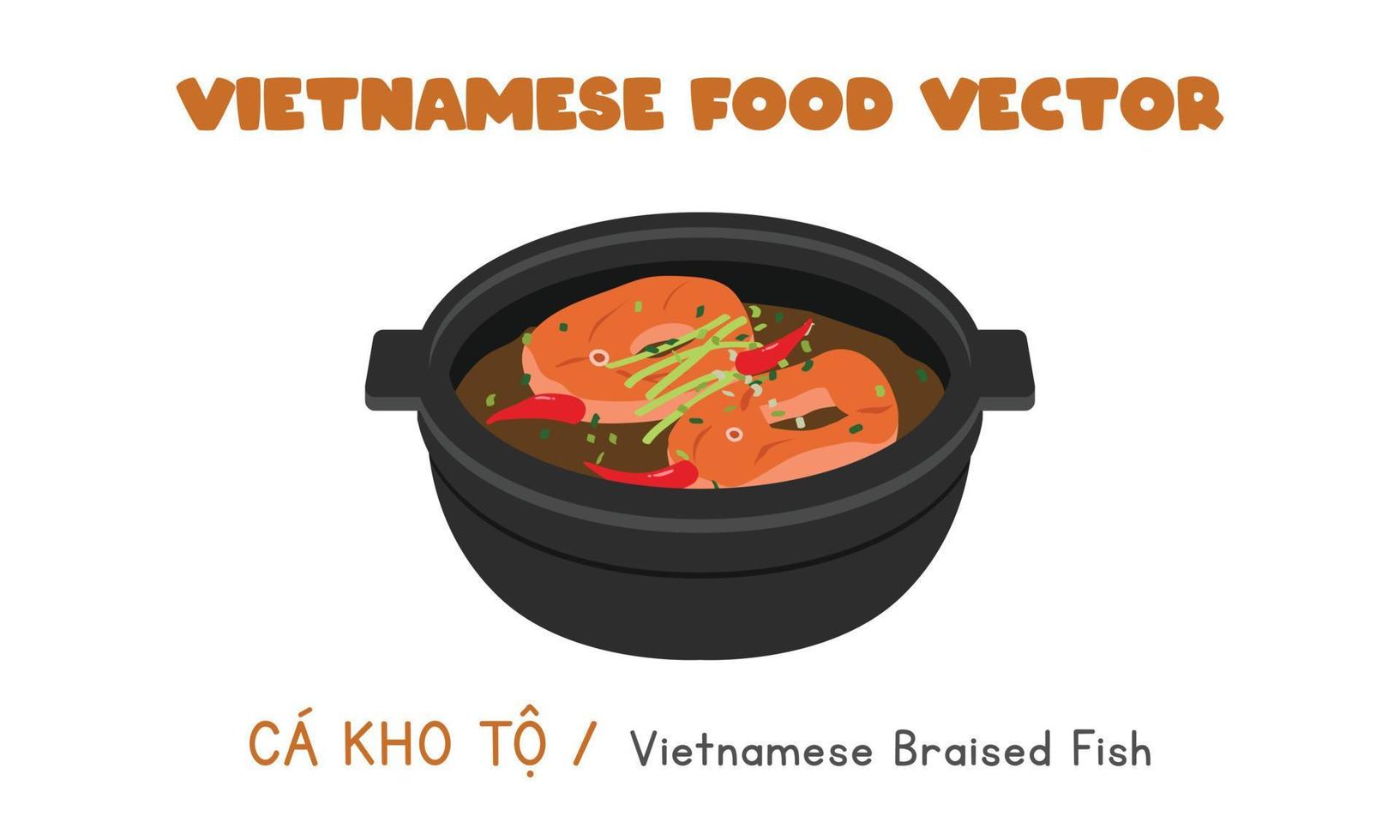 Vietnamees gestoofd vis gekookt in zwart pot vlak vector ontwerp. ca kho naar clip art tekenfilm stijl. Aziatisch voedsel. Vietnamees keuken