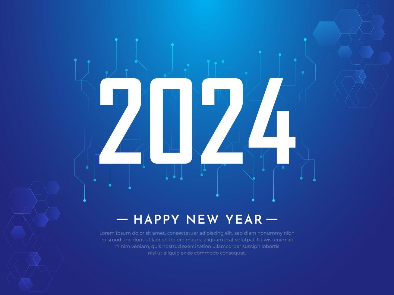 viering nieuw jaar 2024 ontwerp achtergrond met technologie, wetenschap en meetkundig elementen vector