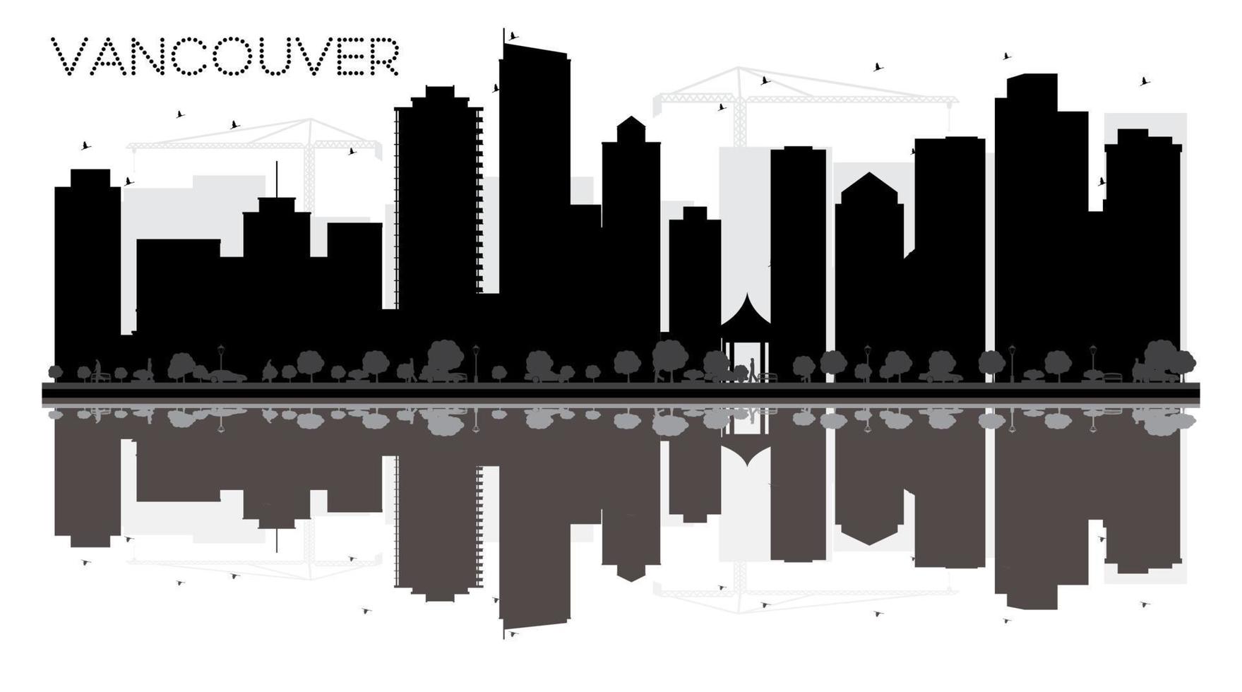 Vancouver stad horizon zwart en wit silhouet met reflecties. vector