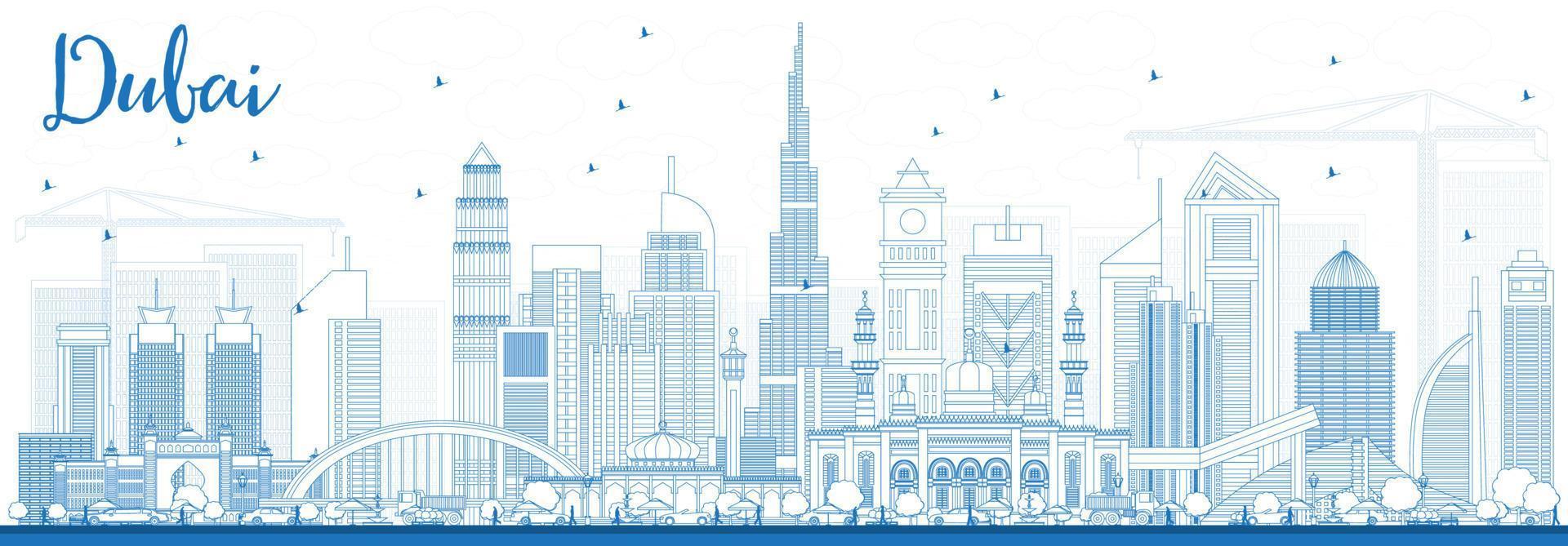schets Dubai uae horizon met blauw gebouwen. vector