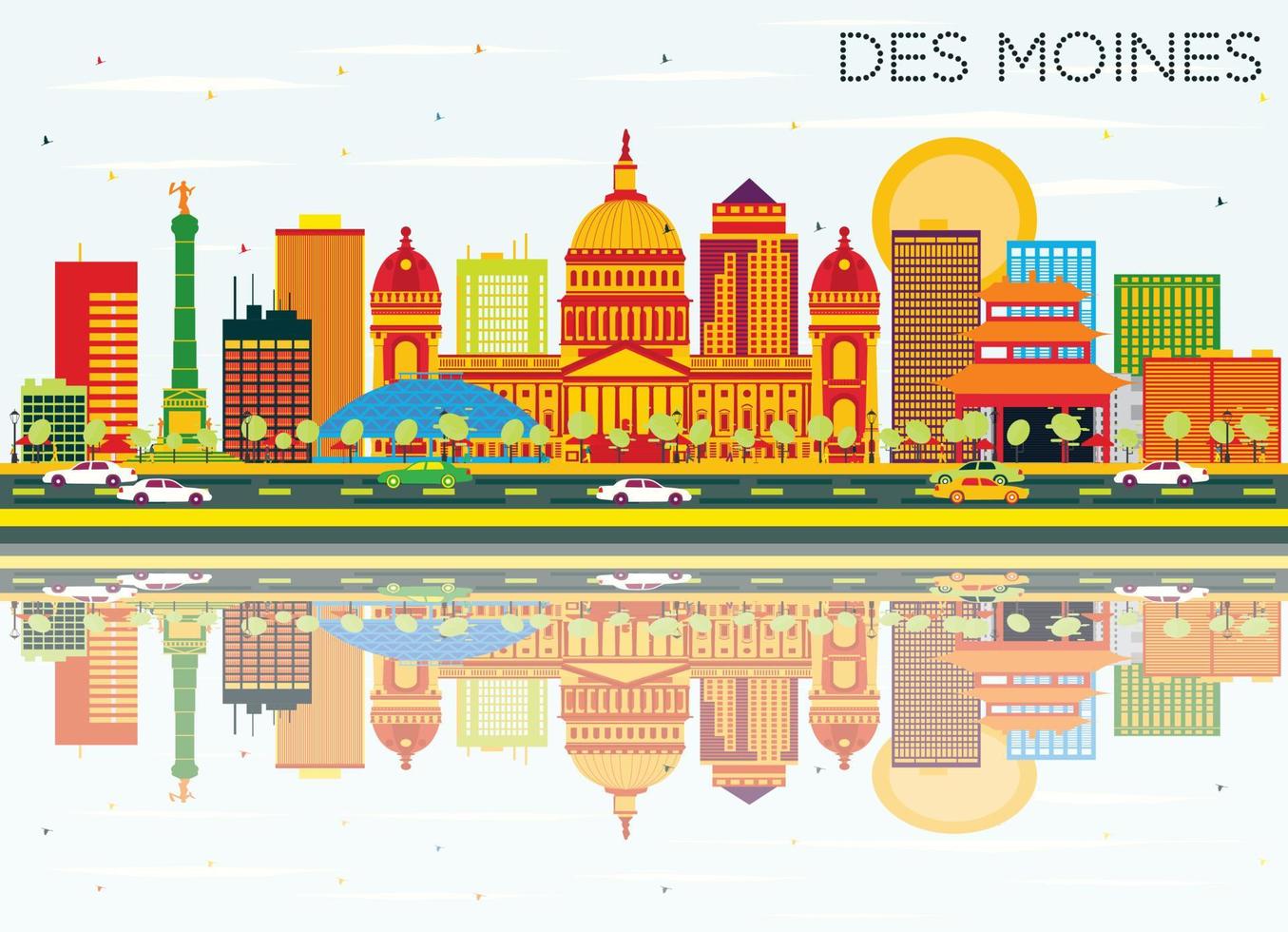 des moines horizon met kleur gebouwen, blauw lucht en reflecties. vector