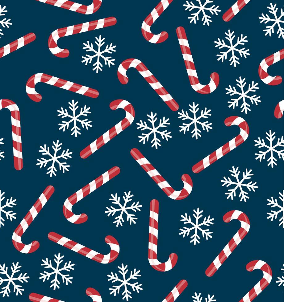Kerstmis naadloos patroon met snoep wandelstokken, sneeuwvlokken, sneeuw bal Aan blauw achtergrond. achtergrond voor omhulsel papier, kleding stof afdrukken, groet kaarten. winter vakantie ontwerp. vector