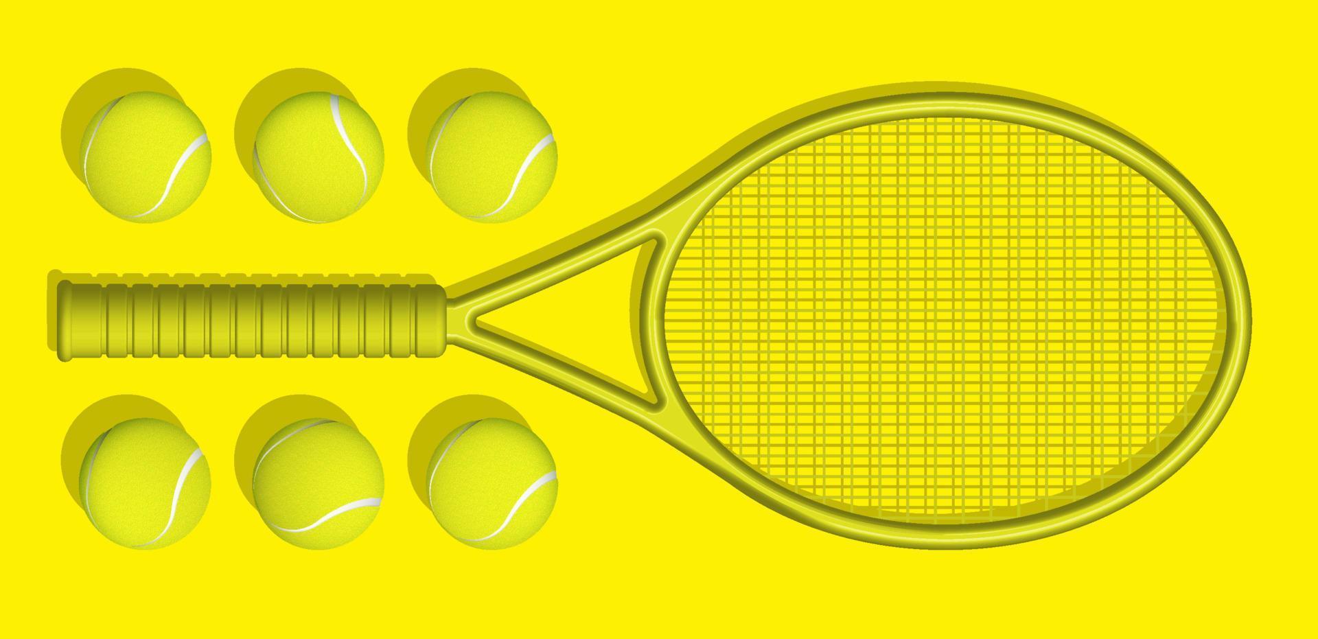 geel tennis rackets en ballen liggen Aan geel achtergrond van tennis rechtbank. sport uitrusting en voorraad. realistisch vector