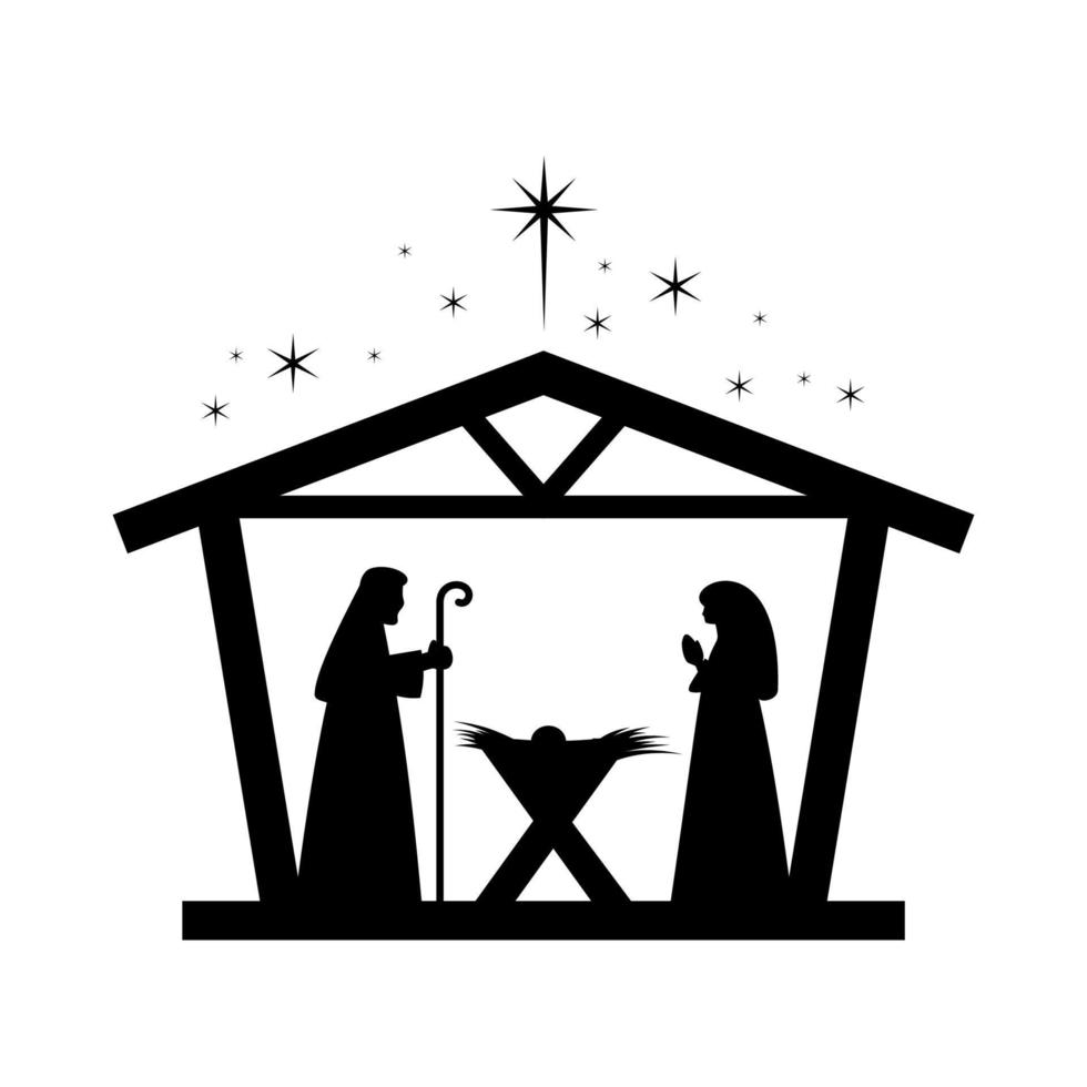 Kerstmis geboorte tafereel met baby Jezus, Maria en Joseph in de kribbe.traditioneel christen Kerstmis verhaal. vector illustratie voor kinderen.
