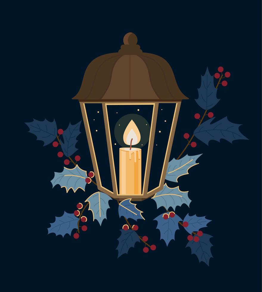 Kerstmis kaarsen kaart. concept van vlammend kandelaar, Christendom attributen, Kerstmis decoratie. jarretel heilig Bij nacht tegen de achtergrond van Kerstmis bessen. vector