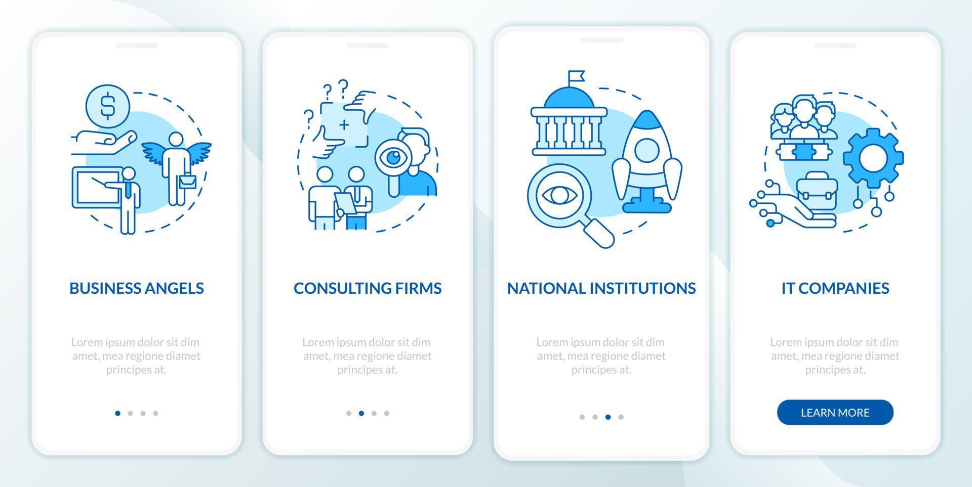 nieuw bedrijf sponsoring types blauw onboarding mobiel app scherm vector