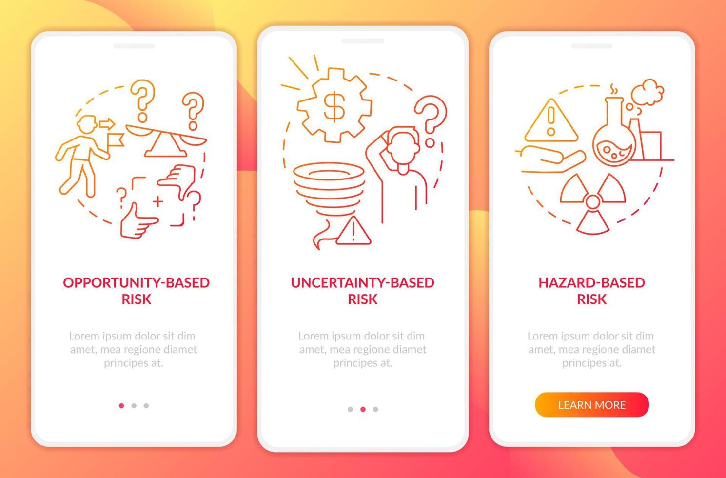 risico's types rood helling onboarding mobiel app scherm vector