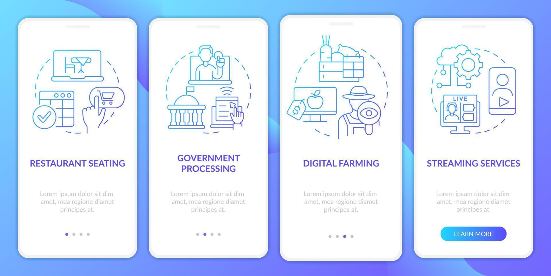 digitaal eerste Diensten blauw helling onboarding mobiel app scherm vector