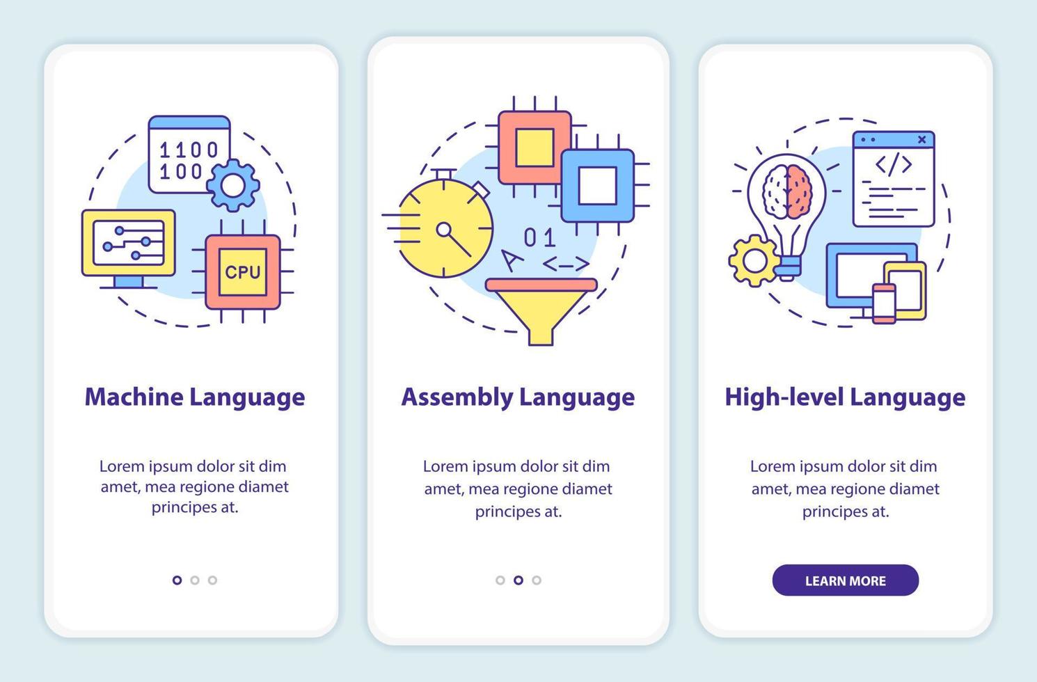 types van computer talen onboarding mobiel app scherm vector