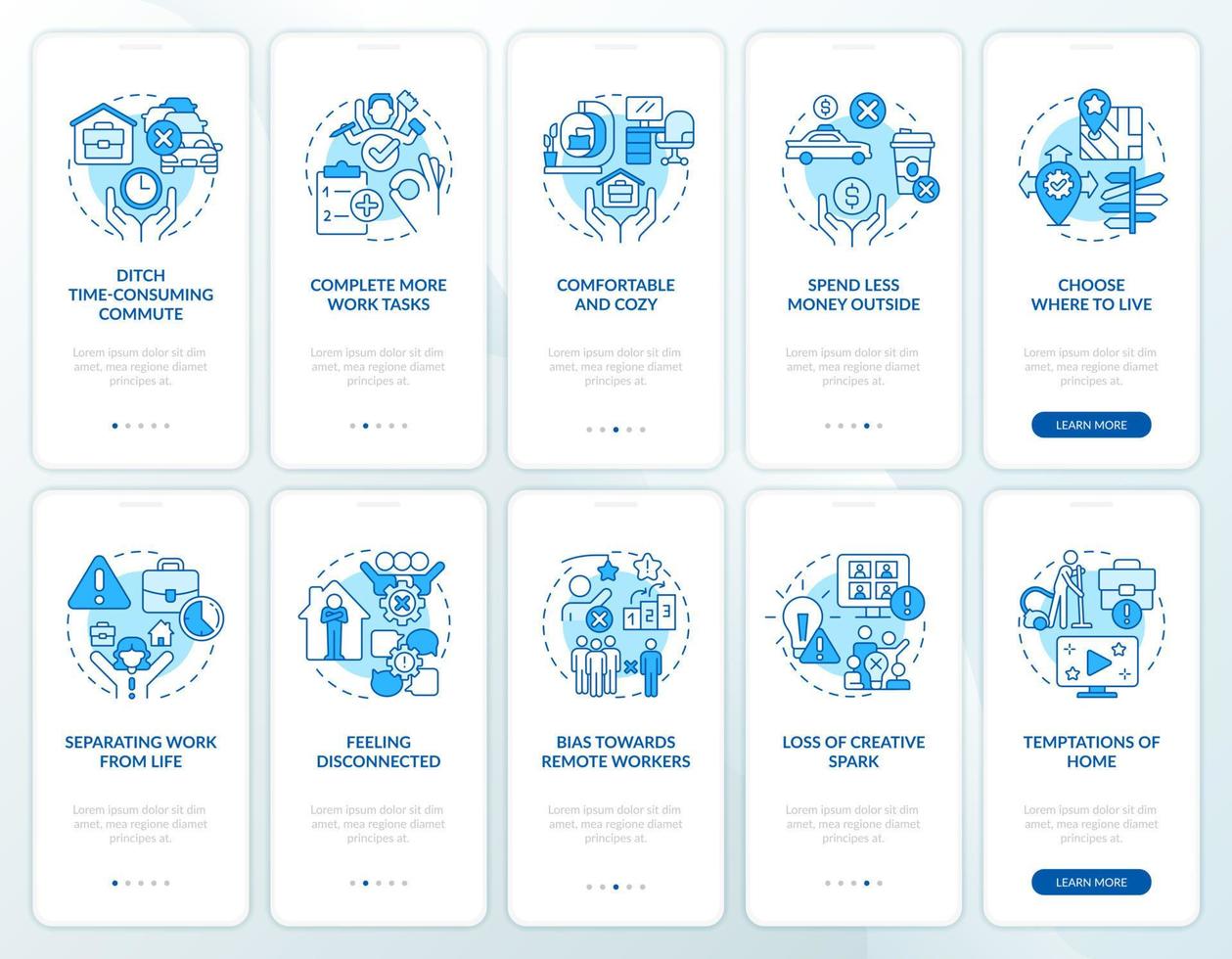 afgelegen werk ervaring blauw onboarding mobiel app scherm vector