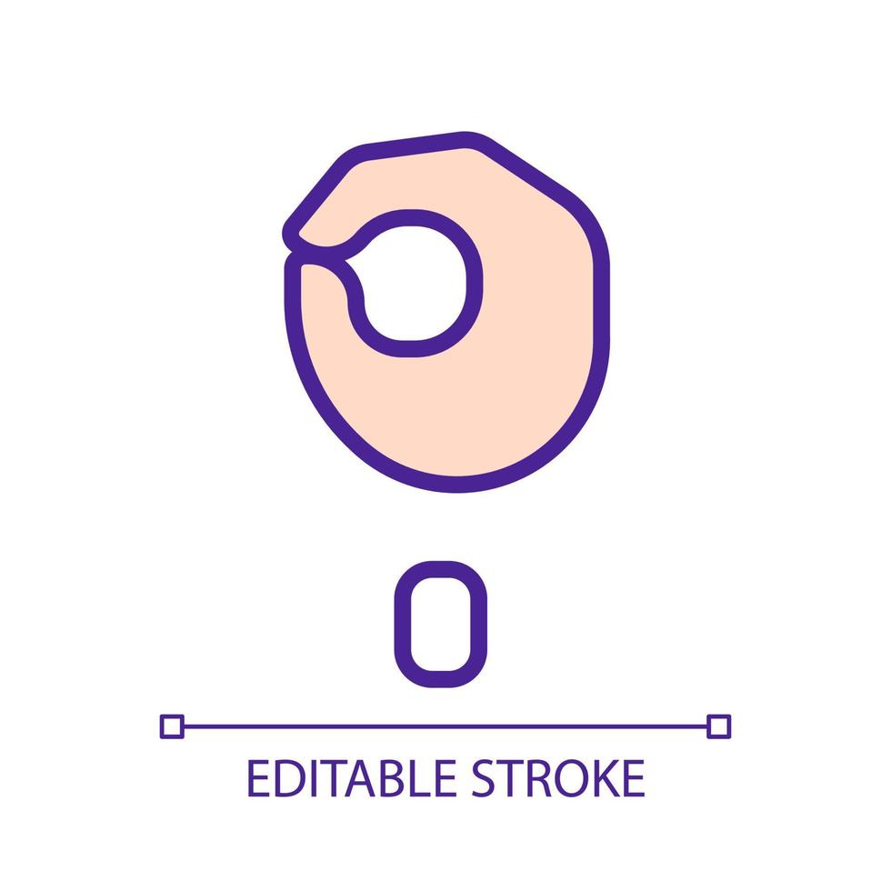 het zingen brief O in asl pixel perfect rgb kleur icoon. systeem van communicatie. zichtbaar modaliteit gebruik. geïsoleerd vector illustratie. gemakkelijk gevulde lijn tekening. bewerkbare hartinfarct. arial doopvont gebruikt