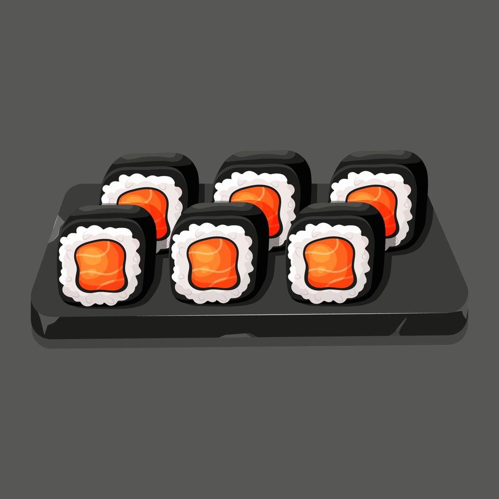 steen gebroken bord met sushi broodjes met noch ik, Zalm. Aziatisch voedsel tekenfilm vector