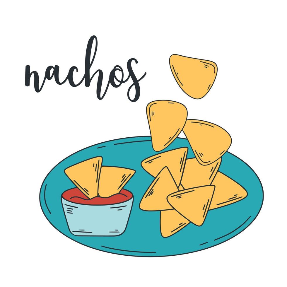 maïs chips met pittig saus vector illustratie. Latijns Amerikaans voedsel nacho's