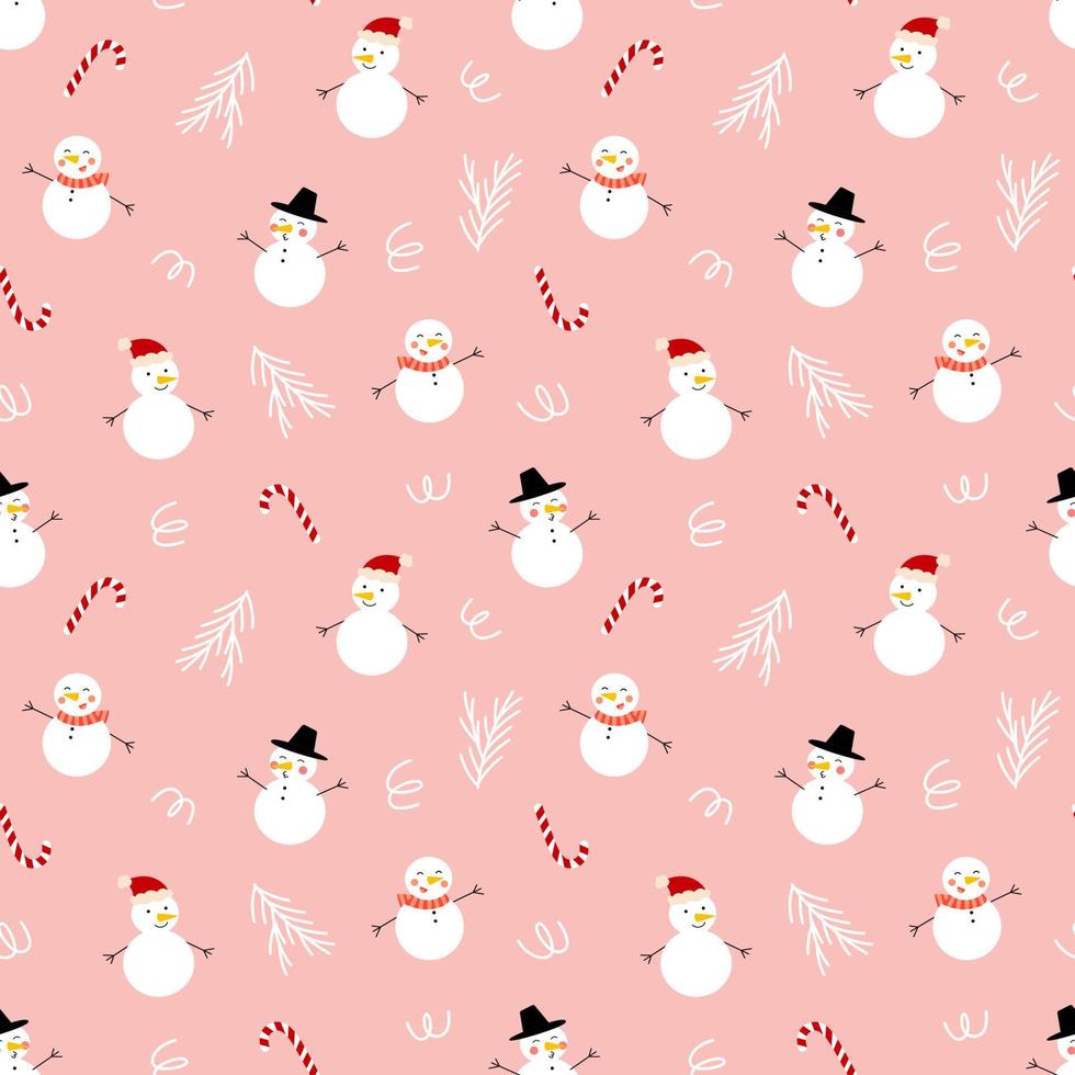 schattig winter naadloos patroon met sneeuwman en snoep riet. grappig kinderachtig feestelijk afdrukken voor textiel, omhulsel papier vector